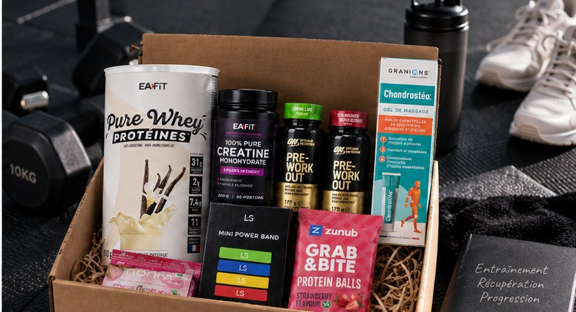Box de nutrition sportive avec whey, créatine, snacks protéinés et produits pour accompagner l’entraînement