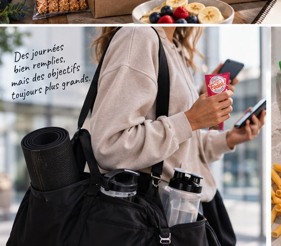 Routine sport et nutrition avec produits protéinés pratiques pour rester régulier malgré un quotidien chargé