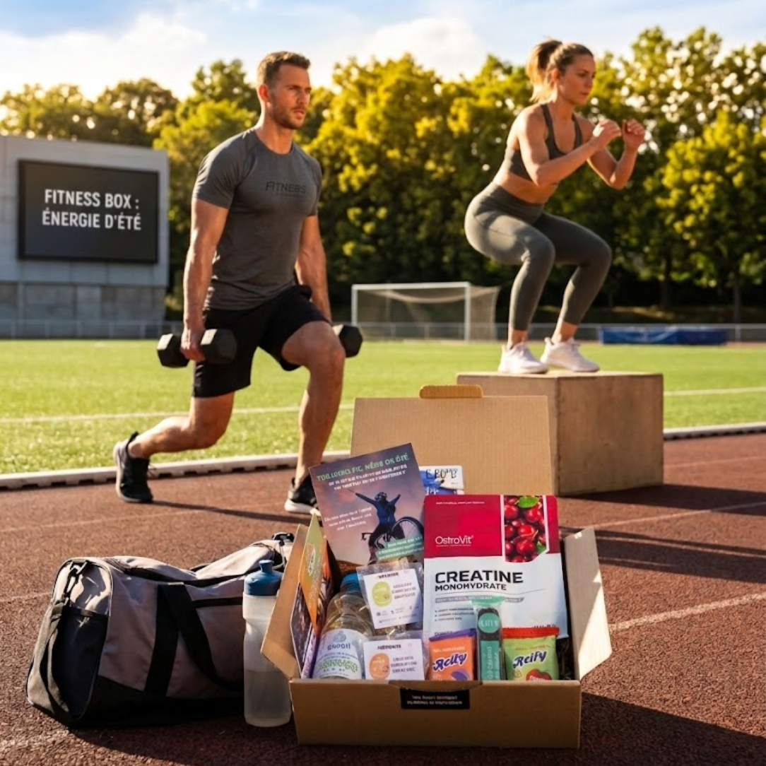 Box mensuelle de nutrition sportive et fitness posée sur une piste d'athlétisme en été, avec un homme et une femme en plein entraînement en arrière-plan.